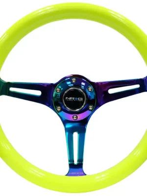 NRG Innovations sportovní dřevěnný volant Deep Dish Wood Grain s průměrem 350mm, s NeoChrome středem, barva neonová žlutá Originální