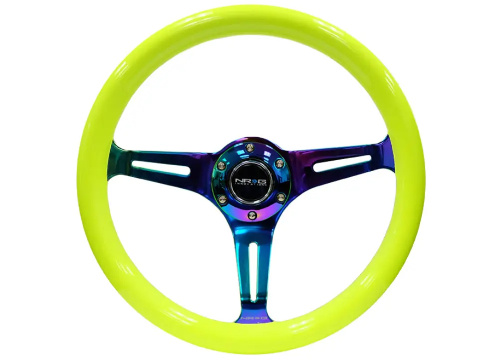 NRG Innovations sportovní dřevěnný volant Deep Dish Wood Grain s průměrem 350mm, s NeoChrome středem, barva neonová žlutá Originální