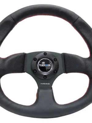 Výhodná Nabídka NRG Innovations sportovní volant Flatt Bottom s průměrem 320x330mm, kožený s různými barvami prošívání a plochou spodní částí volantu, barva prošívání volantu Červená