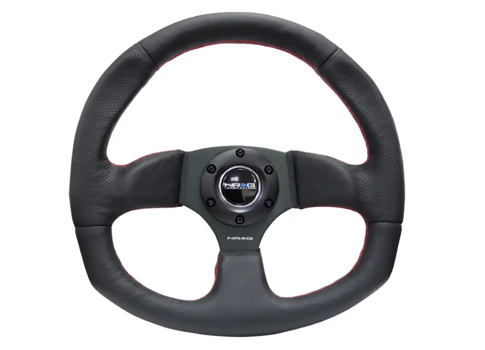 Výhodná Nabídka NRG Innovations sportovní volant Flatt Bottom s průměrem 320x330mm, kožený s různými barvami prošívání a plochou spodní částí volantu, barva prošívání volantu Červená