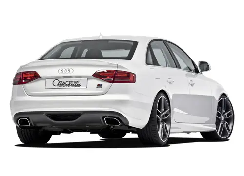 Super Cena CARACTERE spoiler pod originální zadní nárazník pro model Audi A4 (8K) / A4 (8K) Avant r.v. od 2008 s exteriérovým paketem S-Line, varianta s výřezem pro originální koncovku výfuku na obou stranách pro motory 2,7TDI / 3,0TDI / 3,2 V6
