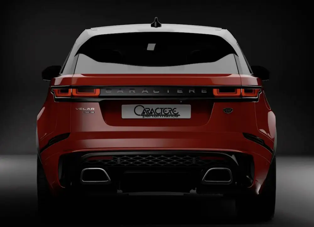 Značkový Caractere Exclusive kompletní zadní nárazník s integrovanými koncovkami výfuku pro Range Rover Velar, varianta pro D300/P300/P380 v běžné verzi nebo P250 Dynamic