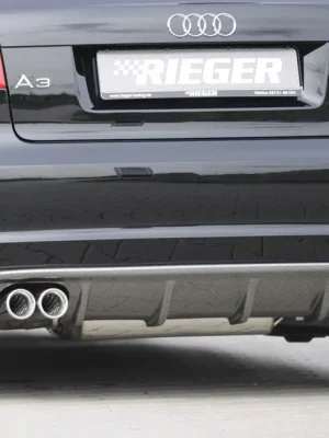 Levný Rieger vložka zadního nárazníku pro Audi A3 8P 3-dvéř., kabriolet po faceliftu, plast ABS s povrchovou úpravou Carbon-Look, pro dvojitou koncovku vlevo 2x76 mm