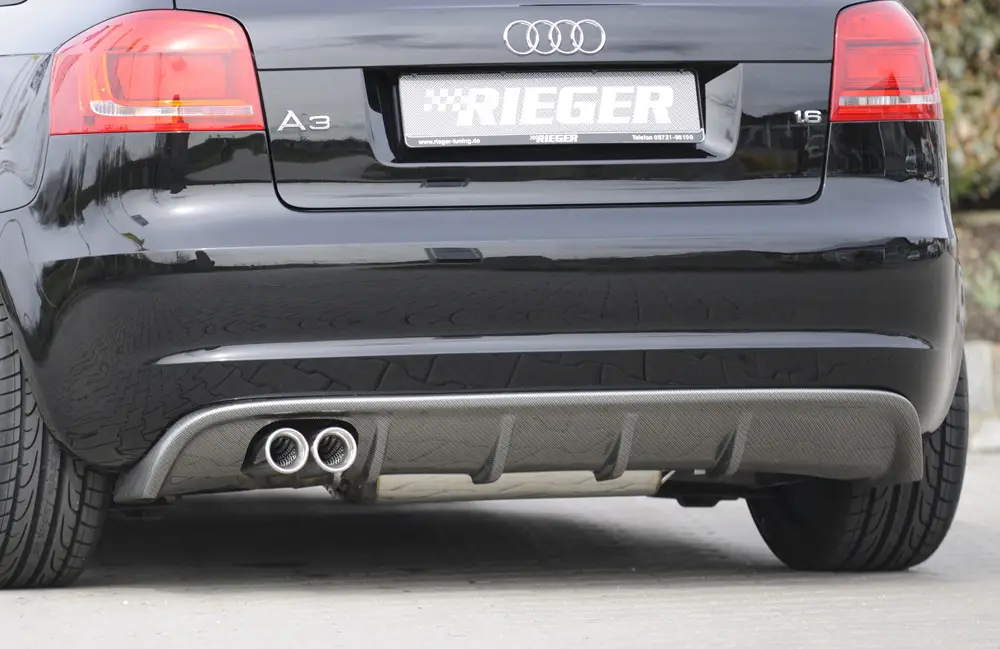 Levný Rieger vložka zadního nárazníku pro Audi A3 8P 3-dvéř., kabriolet po faceliftu, plast ABS s povrchovou úpravou Carbon-Look, pro dvojitou koncovku vlevo 2x76 mm