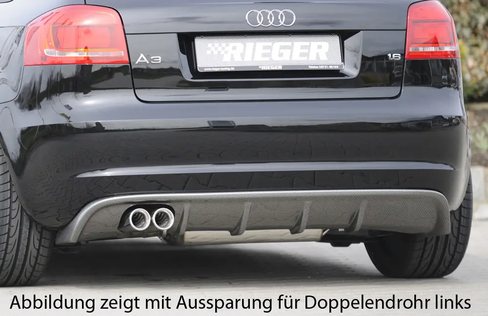 Rieger vložka zadního nárazníku pro Audi A3 8P 5-dvéř., Sportback po faceliftu, plast ABS s povrchovou úpravou Carbon-Look, pro orig. koncovku vlevo Top Prodej