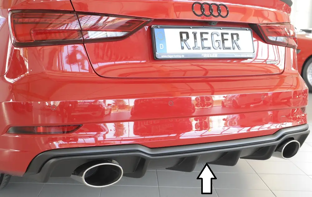 Rieger vložka zadního nárazníku pro Audi A3 8V 3-dvéř. (convertible 8V7), 5-dvéř. (sedan 8VS) po faceliftu, plast ABS bez povrchové úpravy, pro sportovní koncovky na obou stranách 152x95 mm Objednat Nyní