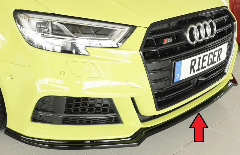 Rieger lipa pod přední nárazník pro Audi A3 8V 3-dvéř. (hatchback 8V1), 5-dvéř. (sportback 8VA) po faceliftu, 09/16-, plast ABS lakovaný do černé lesklé barvy Aktuální