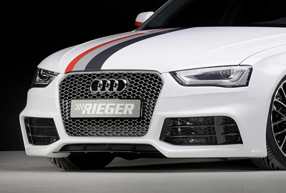 Omezená Nabídka Rieger přední nárazník pro Audi A4 B8, B81 avant, sedan po faceliftu, plast ABS bez povrchové úpravy, pouze pro masku RS4, pro vozy bez ostřikovačů světlometů a parkovacího asistenta (PDC)