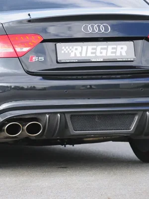 Objednat Nyní Rieger vložka zadního nárazníku pro Audi A5 B8, B81 Sportback před faceliftem, plast ABS s povrchovou úpravou Carbon-Look, S-Line, pro sportovní koncovky na obou stranách 4x115x85 mm