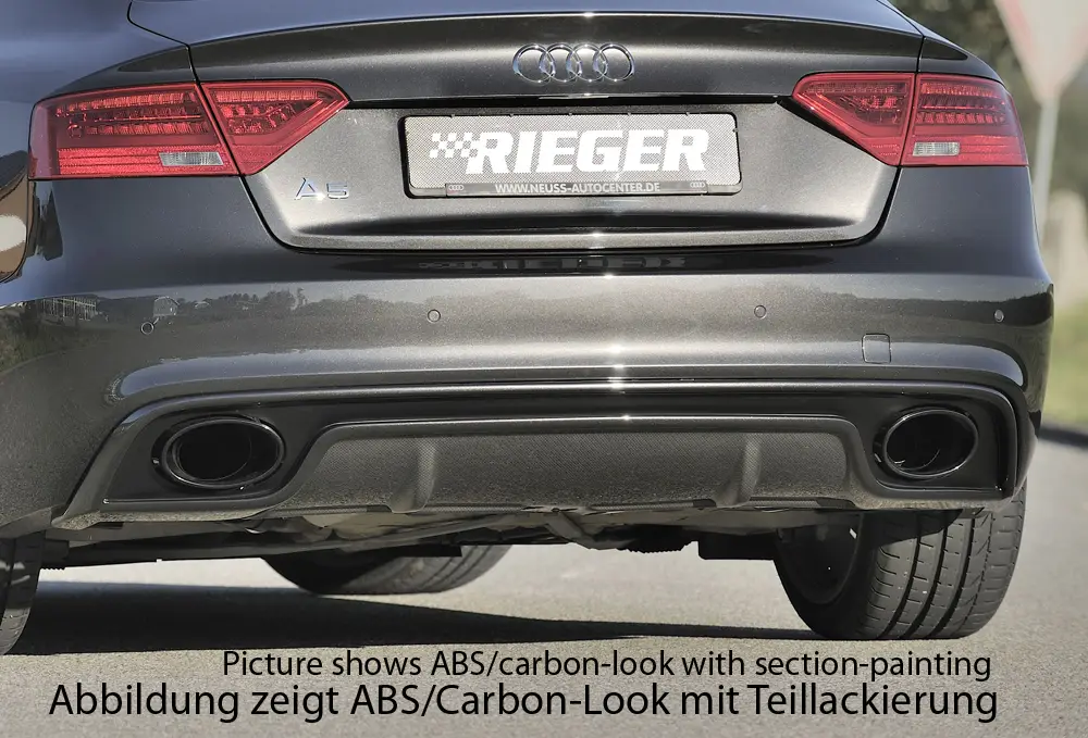Rieger vložka zadního nárazníku pro Audi A5 S5 B8, B81 Sportback po faceliftu, plast ABS s povrchovou úpravou Carbon-Look, S-Line, pro oválné výfukové deflektory na obou stranách 185x120 mm Nejlepší Volba