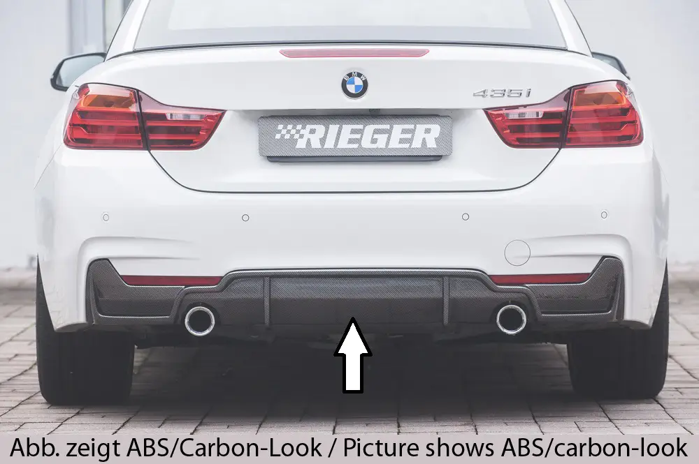 Rieger vložka zadního nárazníku (pouze 435i) pro BMW řada 4 F32, F33, F36 coupe (3-dvéř.), gran coupe (5-dvéř.), kabriolet vč. faceliftu, plast ABS bez povrchové úpravy, pro orig. koncovky na obou stranách (435i/440i look) Autentický