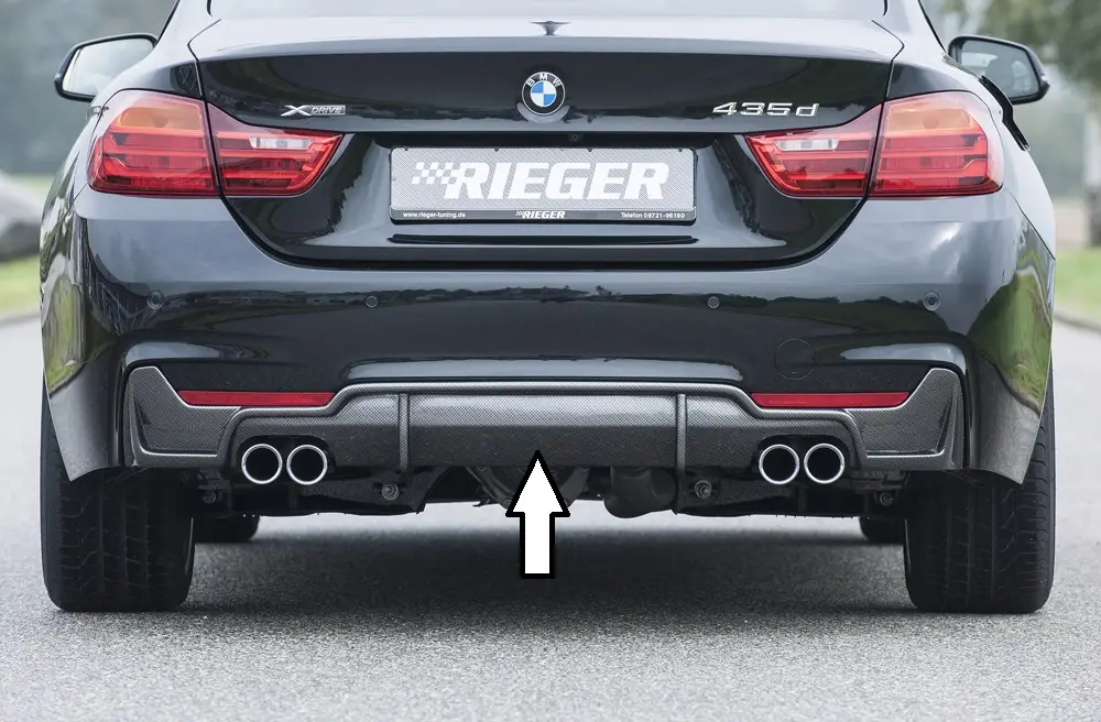 Rieger vložka zadního nárazníku pro BMW řada 4 F32, F33, F36 coupe (3-dvéř.), gran coupe (5-dvéř.), kabriolet vč. faceliftu, plast ABS s povrchovou úpravou Carbon-Look, pro dvojité koncovky na obou stranách 4x76 mm Finální Výprodej