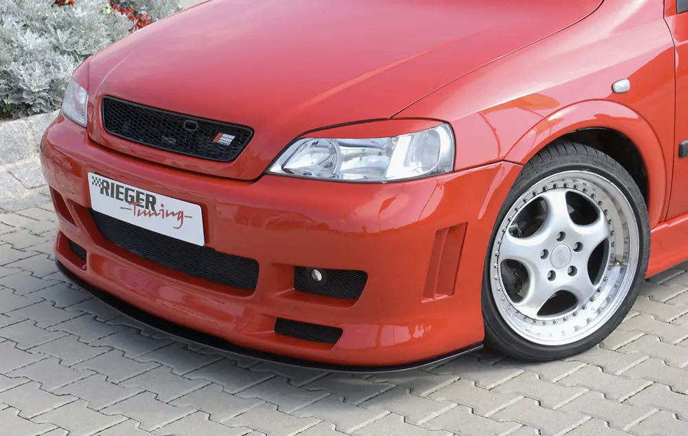 Víkendová Akce Rieger přední nárazník pro Opel Astra G 3-dvéř., 5-dvéř., cabrio, caravan, fastback, hatchback, kupé, notchback, plast ABS bez povrchové úpravy, s žebrováním, pro vozy bez ostřikovačů