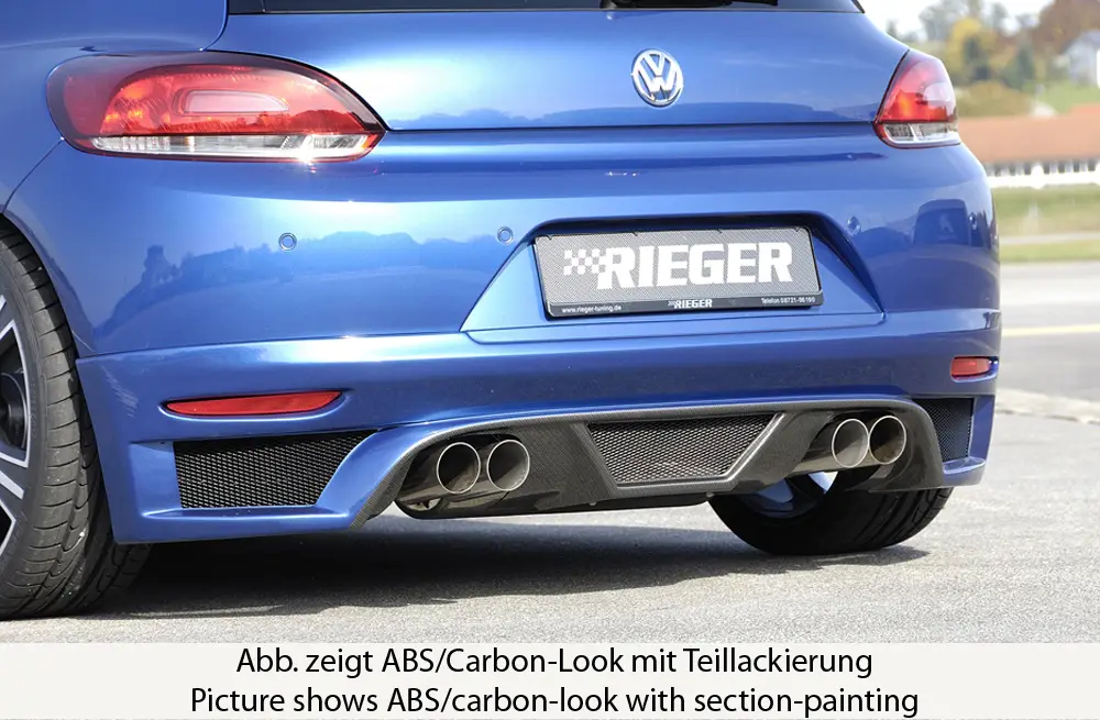 Rieger spoiler pod zadní nárazník pro Volkswagen Scirocco 3 13 2-dvéř. před faceliftem r.v. 08/08-04/14, plast ABS s povrchovou úpravou Carbon-Look, pro dvojité koncovky na obou stranách Must-Have