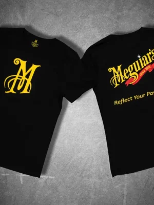 Autentický Meguiar's černé unisexové tričko s žluto-červeným potiskem na hrudi i na zádech, velikost 2XL