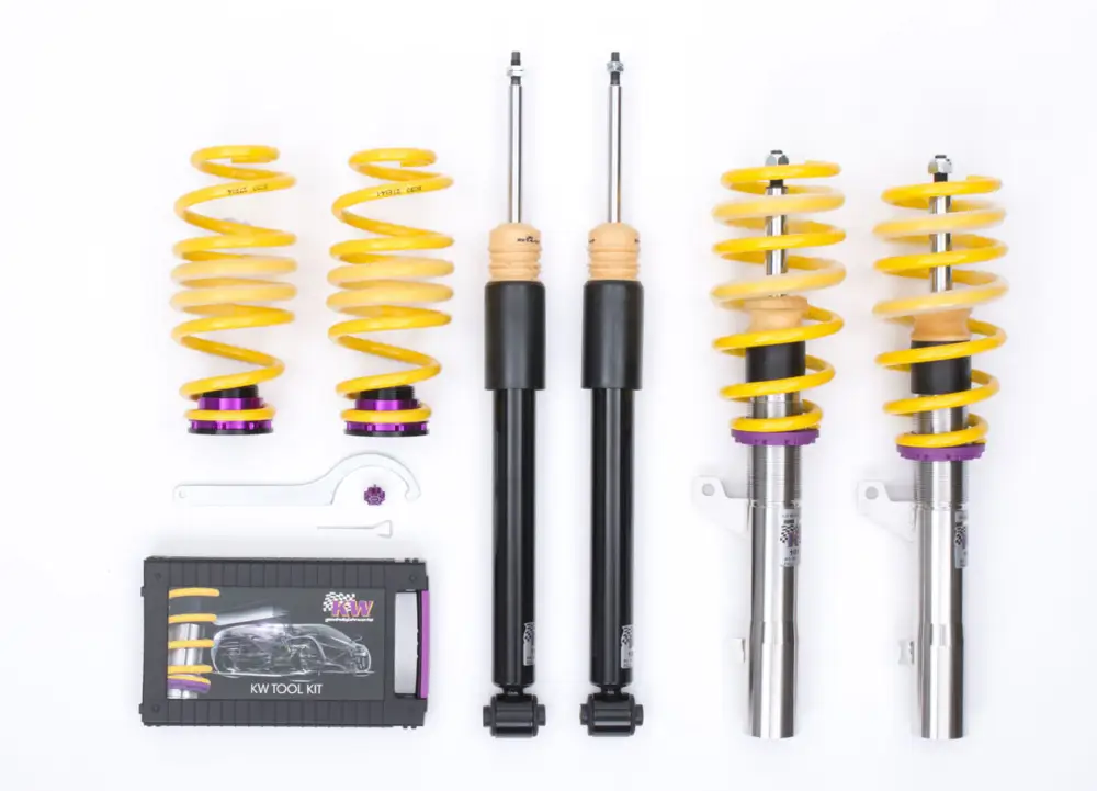 Výškově stavitelný podvozek KW V2 s nastavitelnou tuhostí pro Seat Leon (5F1) max zatížení PN do 965 kg s průměrem př. tlumiče 50 mm, s víceprvkovou zad. nápravou, bez elektronických tlumičů Super Cena