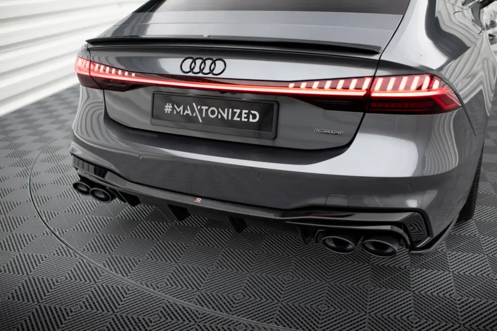 Maxton Design vložka zadního nárazníku s imitacemi koncovek výfuku pro Audi A7 C8 S-Line, černý lesklý plast ABS, s chromovými koncovkami Vysoce Kvalitní