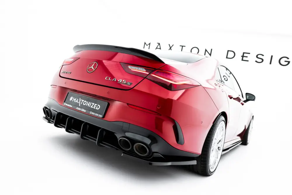 Autentický Maxton Design "Street Pro" difuzor zadního nárazníku pro Mercedes CLA C118/AMG 45, plast ABS bez povrchové úpravy, s červenou linkou