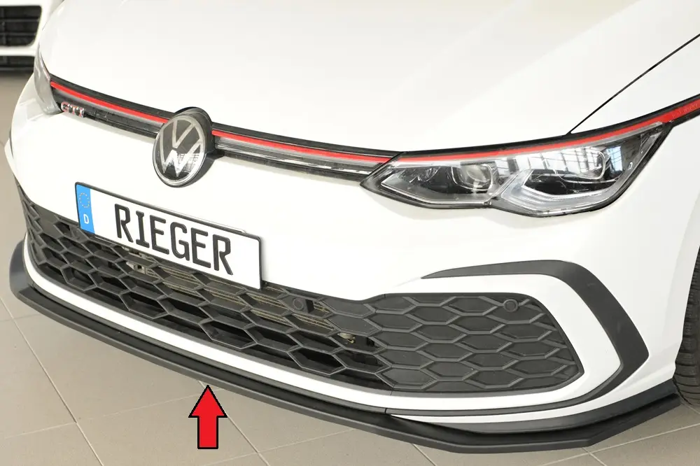 Rieger lipa pod přední nárazník pouze pro GTI / GTD / GTE pro Volkswagen Golf 8 GTI 5-dvéř., 08/20-, plast ABS bez povrchové úpravy Nová Kolekce