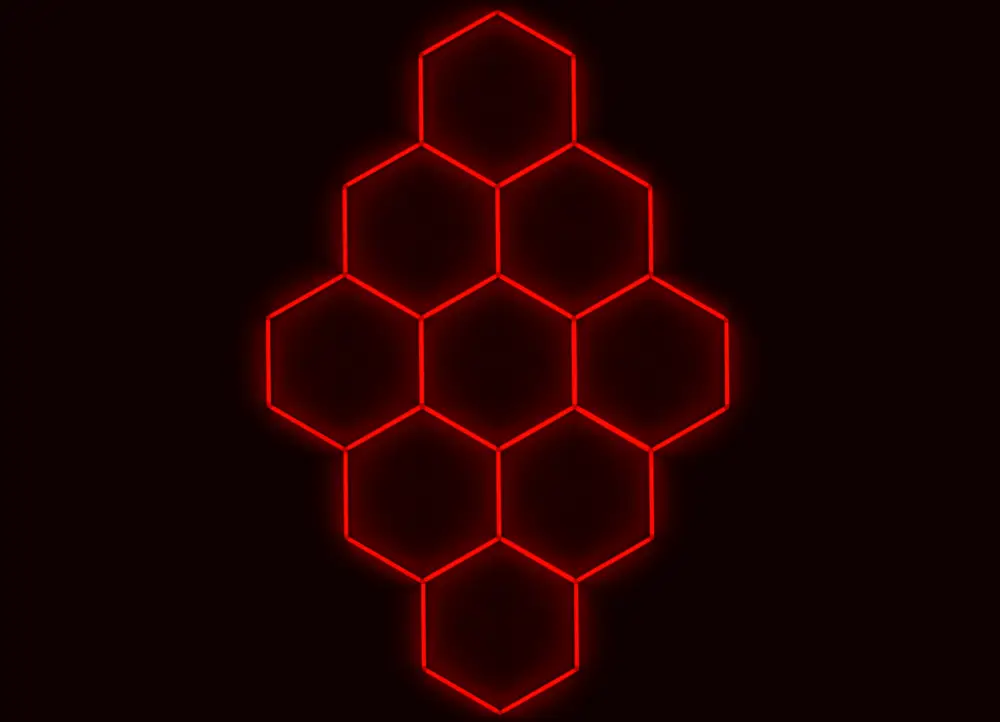 Novinka Kompletní LED hexagonové svítidlo červené, rozměr 9 elementů 246 x 386 cm