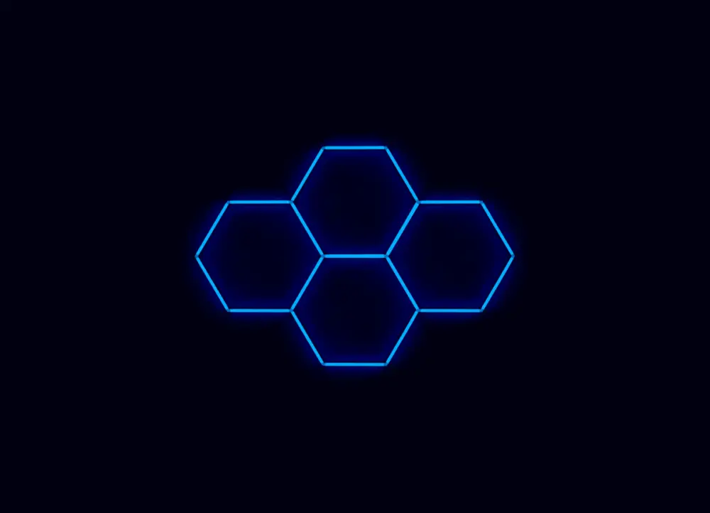Nízká Cena Kompletní LED hexagonové svítidlo modré, rozměr 4 elementy 241 x 168 cm