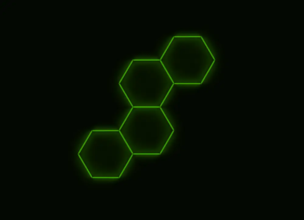 Aktuální Kompletní LED hexagonové svítidlo zelené, rozměr 4 elementy 166 x 288 cm