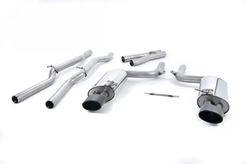 Zlevněný Milltek Sport výfukový systém cat-back bez rezonátoru. Including Satin Sheen Black Tips but excluding exhaust valves pro Audi RS4 B7 4.2 V8 Sedan/Avant/Cabriolet 2006-2008