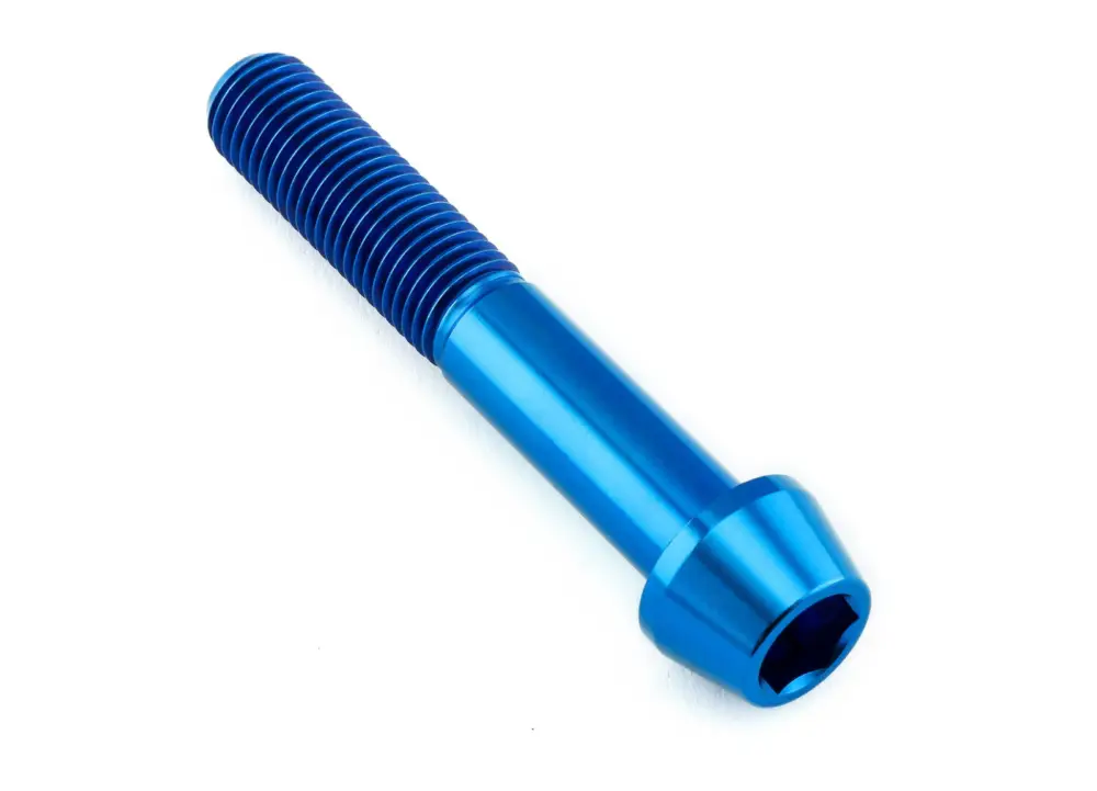 Novinka Pro-Bolt titanový inbusový šroub s kónusovou hlavou se závitem M10 x 1,25 mm a délkou 60 mm, barva modrá
