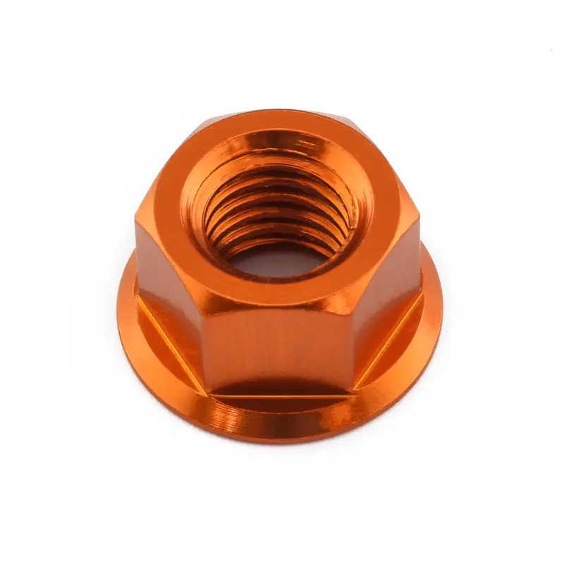 Výprodej Pro-Bolt hliníková matka otevřená matka s integrovanou podložkou se závitem M8 x 1,25 mm, barva oranžová