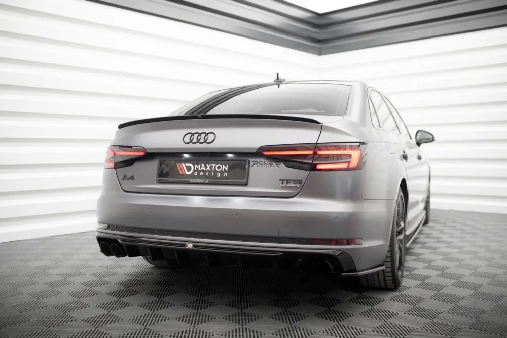 Originální Maxton Design vložka zadního nárazníku pro Audi A4 B9, černý lesklý plast ABS, S-Line Sedan / S-Line Avant, verze s dvojitou koncovkou na jedné straně