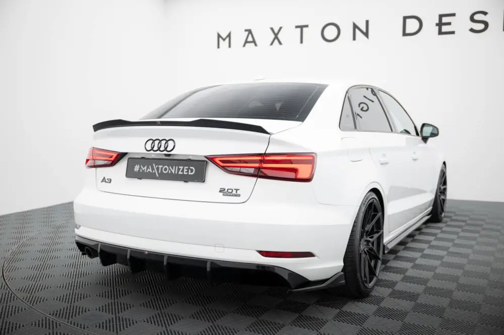 Dokud Zásoby Vydrží Maxton Design vložka zadního nárazníku pro Audi A3 8V FL, černý lesklý plast ABS, Sedan, verze s jednoduchou koncovkou na jedné straně