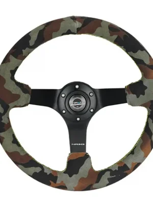 Akce NRG sportovní volant Deep Dish 350mm s pevnými rameny, semiš, barva maskáčový vzor se žlutým prošitím