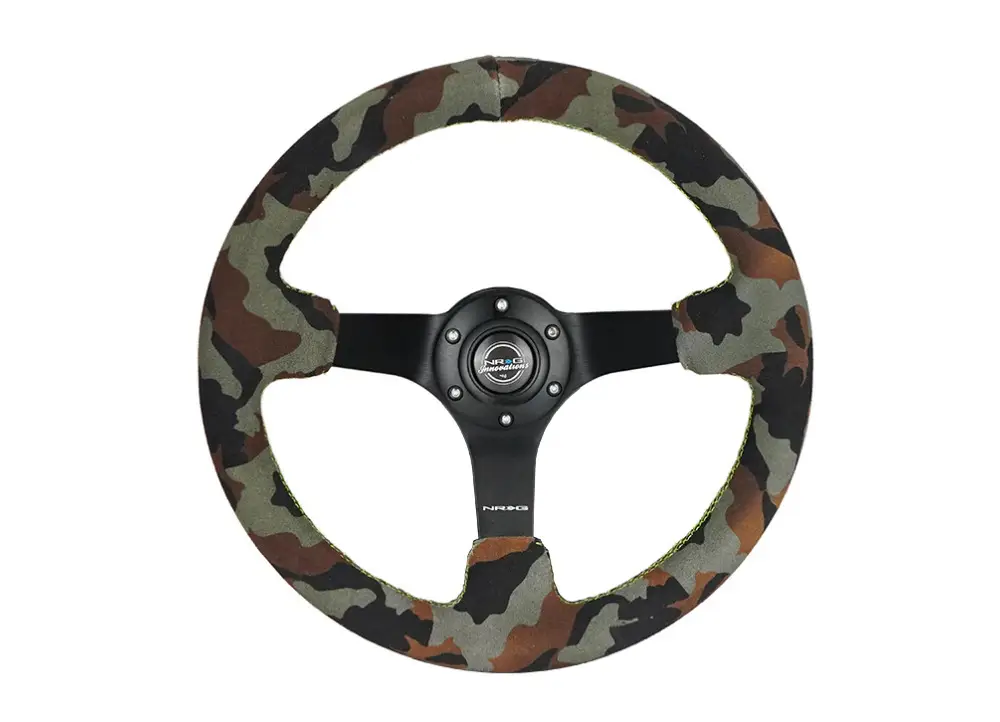 Akce NRG sportovní volant Deep Dish 350mm s pevnými rameny, semiš, barva maskáčový vzor se žlutým prošitím