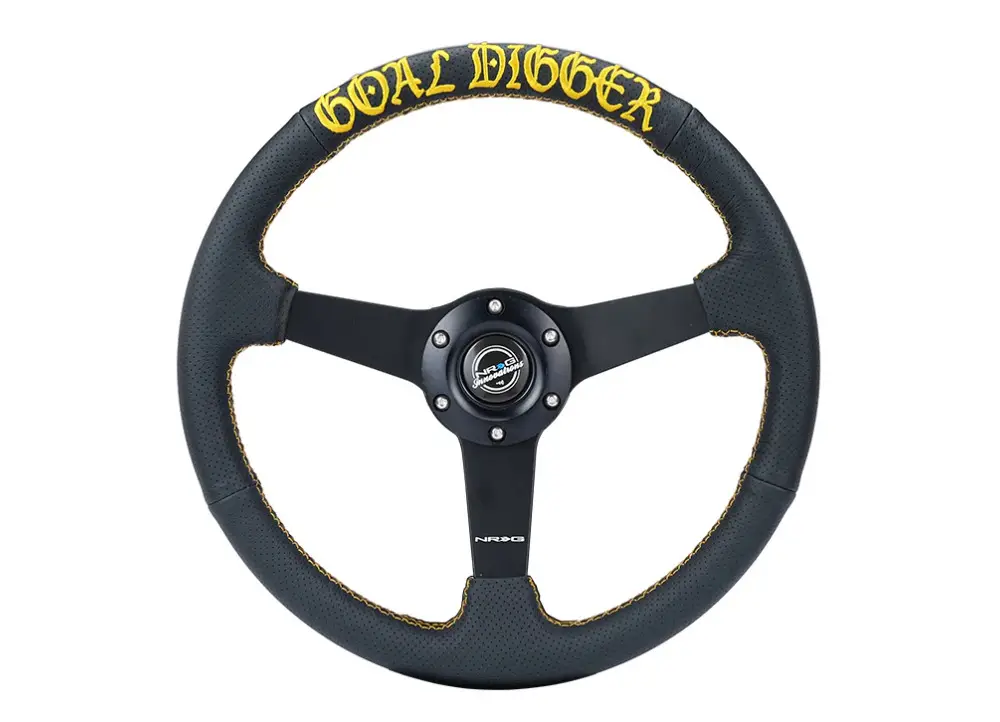 Kup Teď NRG Innovations sportovní plochý volant 350mm potažený v kůži, barva matná černá se žlutým šitím