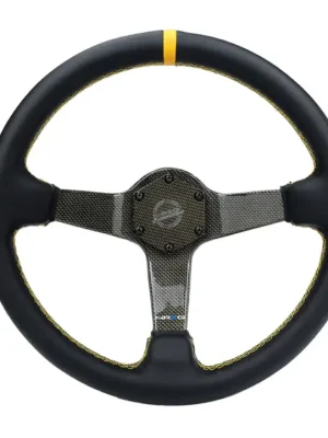 Horká Nabídka NRG Innovations sportovní volant Deep dish s průměrem 350mm s karbonovým středem potažený v kůži, barva žlutá se středovým proužkem