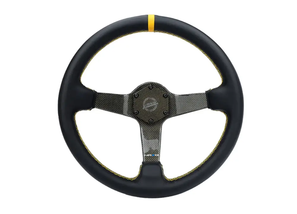 Horká Nabídka NRG Innovations sportovní volant Deep dish s průměrem 350mm s karbonovým středem potažený v kůži, barva žlutá se středovým proužkem