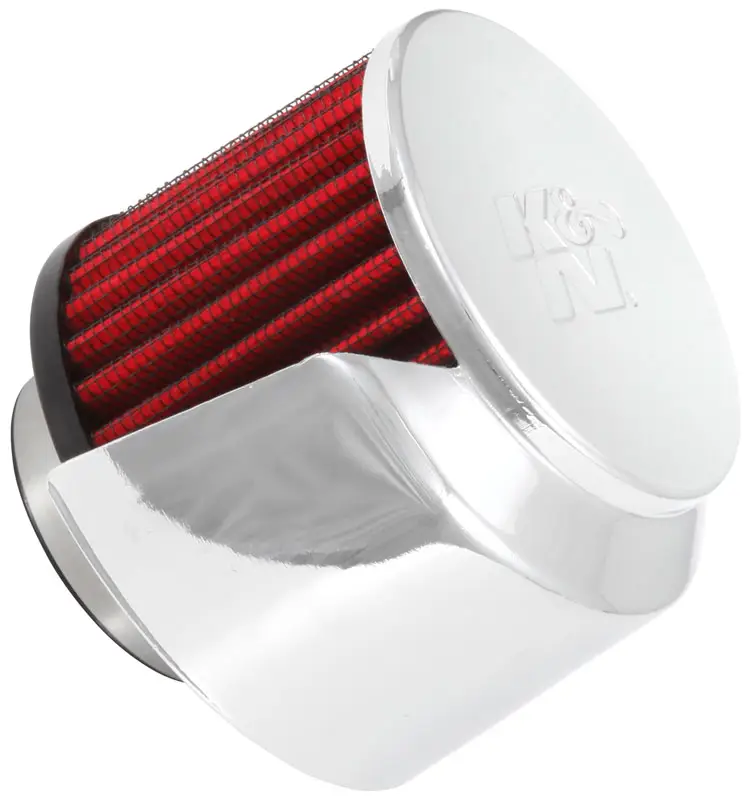 Cenová Bomba K&N univerzální odvětrávací filtr s vnějším průměrem 76 mm a výškou 64 mm, průměr vstupu 38 mm, délka vstupní příruby 16 mm, materiál Netkaná syntetická textilie, vrchlík kovový vrchlík