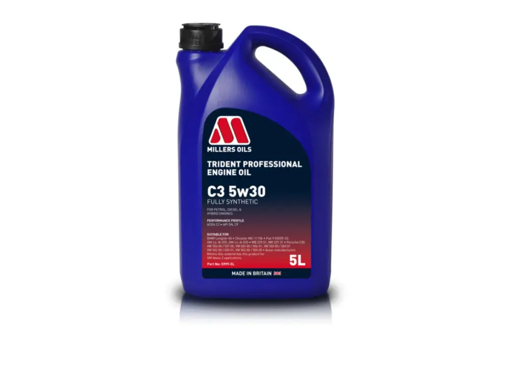 Plně syntetický motorový olej Millers Oils Trident Professional C3 5W-30 vhodný pro moderní benzínové, naftové a hybridní motory, objem 5l Horká Nabídka