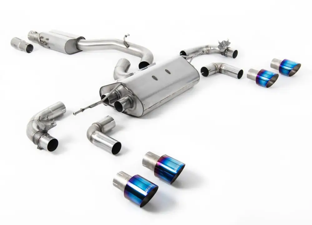 Milltek Sport výfukový systém cat-back 80mm / 3.15" Race s klapkami - s rezonátorem pro Volkswagen Golf Mk7.5 R 2.0 TSI 300PS (s GPF) - 80mm Race Systems 2019-2022, GT-100 kulaté leštěné koncovky, typ koncovek GT-100 titanové modré Rychlé Dodání