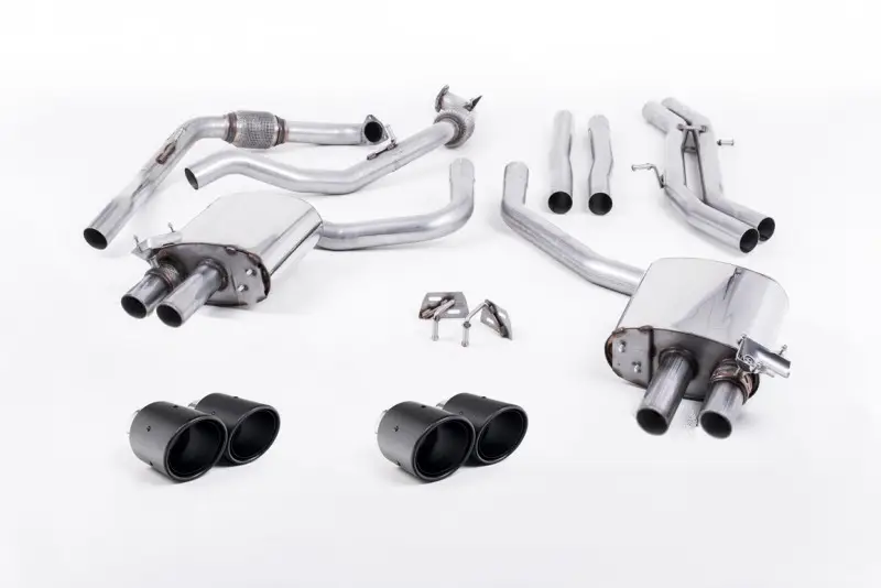Značkový Milltek Sport výfukový systém cat-back bez rezonátoru pro Audi S5 3.0 V6 Turbo Coupe Only B9 (Sport Diff Models Only, Without Brace Bars) 2017-2024, GT-100 dvojité leštěné koncovky, typ koncovek JET-100 karbonové