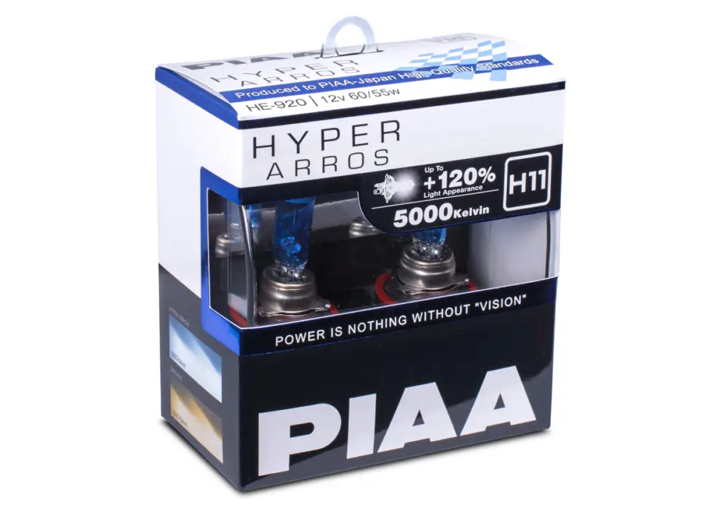 Tovární Cena Autožárovky PIAA Hyper Arros 5000K - o 120 % vyšší svítivost, jasně bílé světlo o teplotě 5000K, patice H11