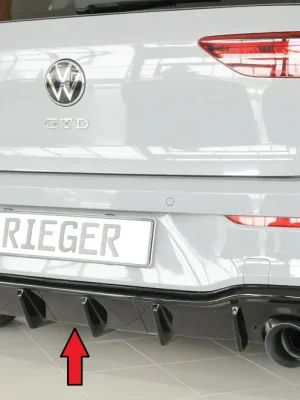 Rieger vložka zadního nárazníku pro Volkswagen Golf 8 GTI 5-dvéř., plast ABS lakovaný do černé lesklé barvy, pro vozidla s originálním tažným zařízením (otočným) Víkendová Akce