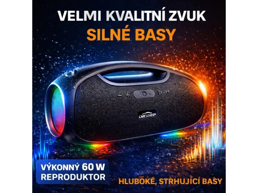 CARCLEVER bezdrátový Bluetooth reproduktor, voděodolný IPX6, USB, AUX, MIC, RGB Výprodej