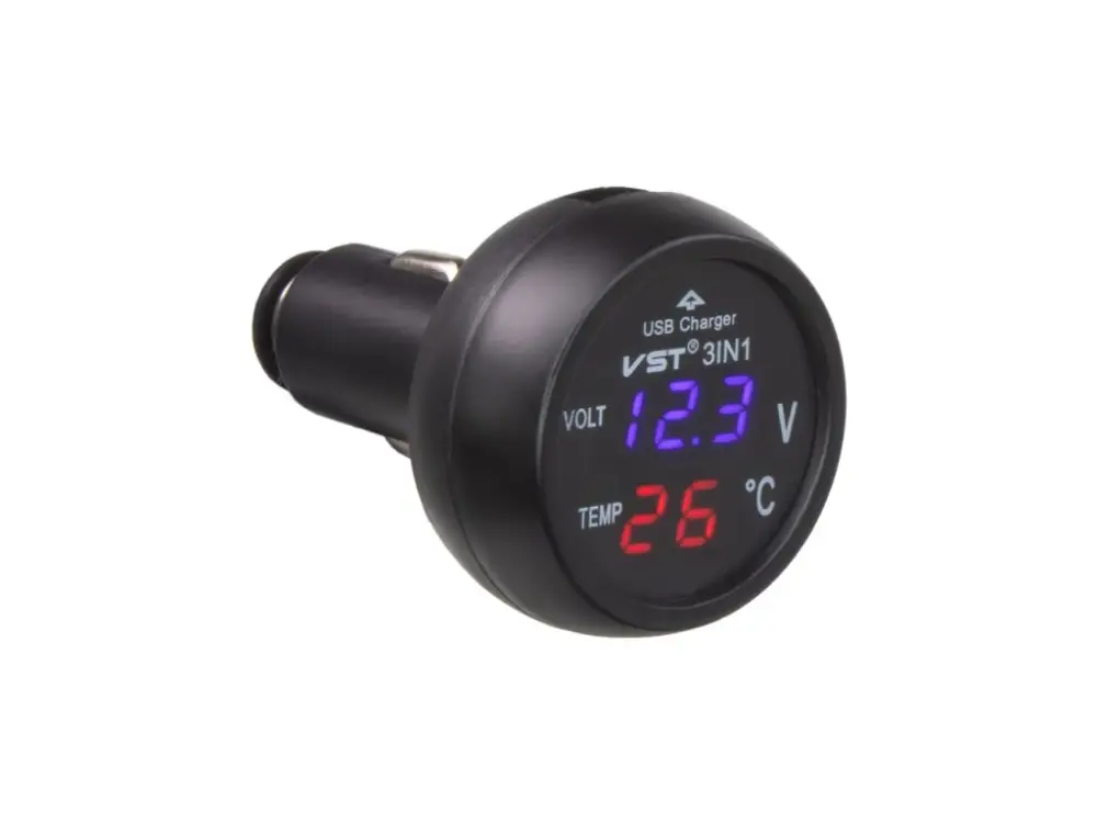 Must-Have Digitální voltmetr s teploměrem + USB nabíječka do CL zásuvky, 12-24V