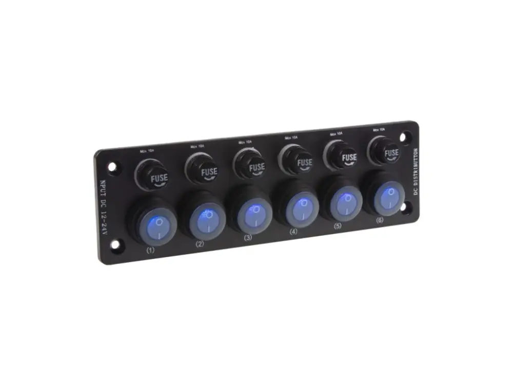 Panel s 6x spínači + 6x pojistky, 12/24V Vysoce Kvalitní